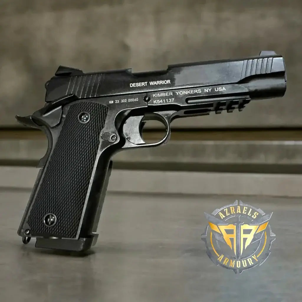 Black 1911 Gel Blaster pistol marked 'Desert Warrior,' showcasing detailed grip and tactical features.