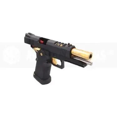 2011 Hi Capa Gel Blaster Pistol with black body and gold accents, showcasing detail and design features.