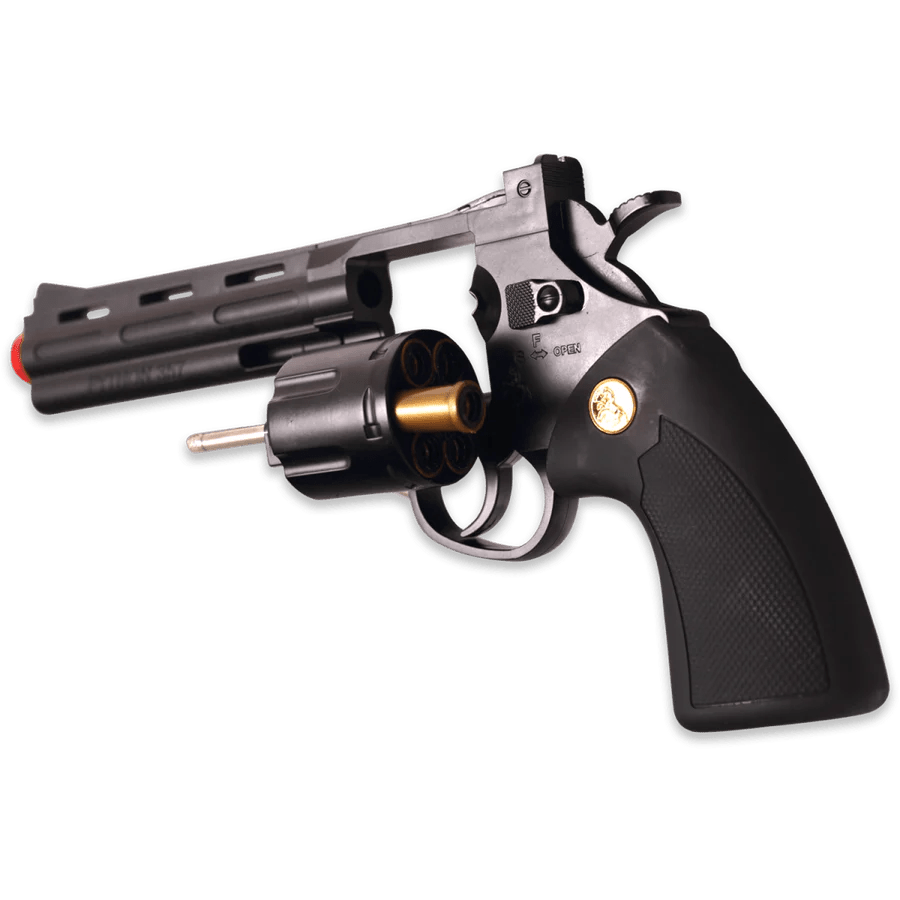 5-inch Python 357 Gelsoft revolver with functioning cylinder, black grip, and gold accents, designed for outdoor play.