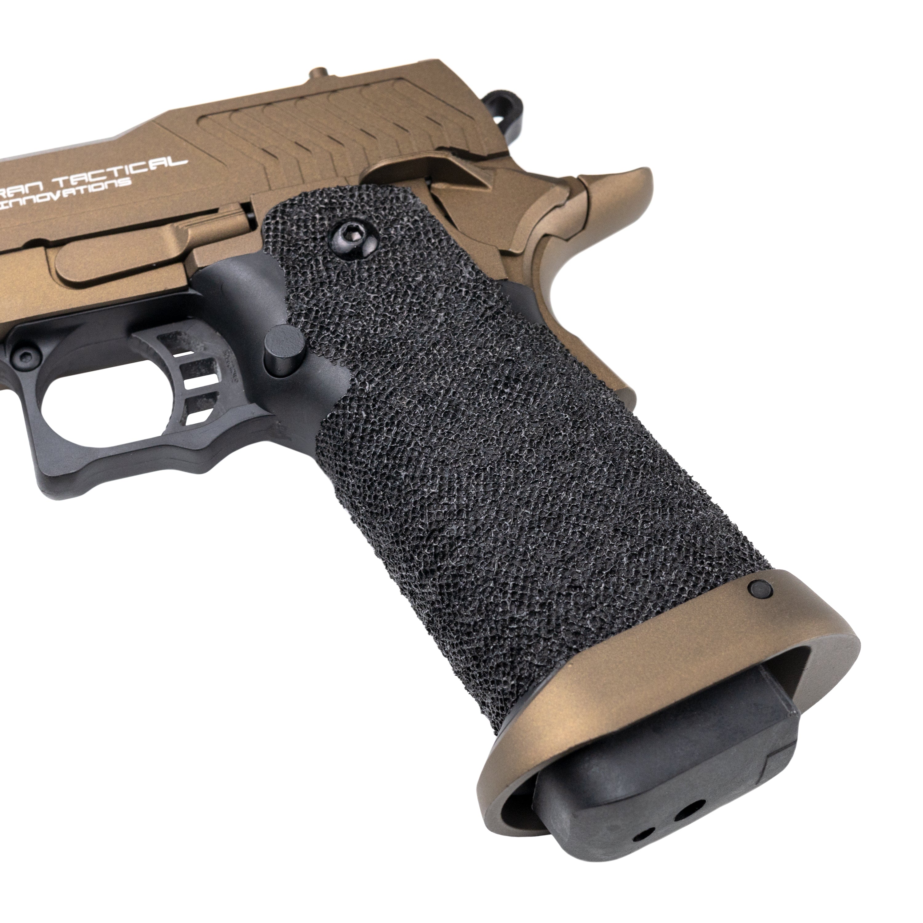 Close-up of Golden Eagle TTI Sand Viper Hi Capa pistol showcasing textured grip and sleek design.