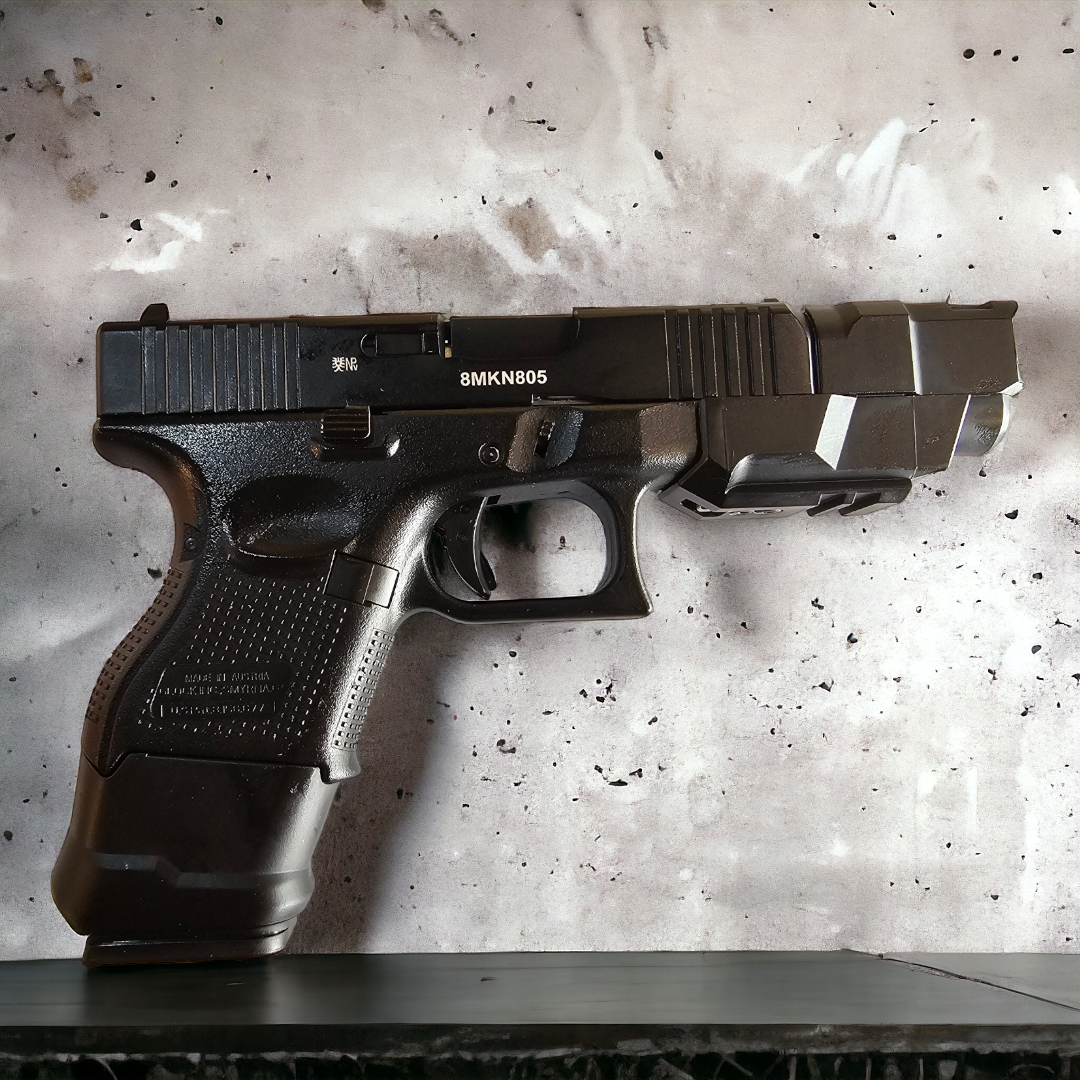 Double Bell G26 Gas Blowback Pistol with polymer grip and tactical light on a textured background.