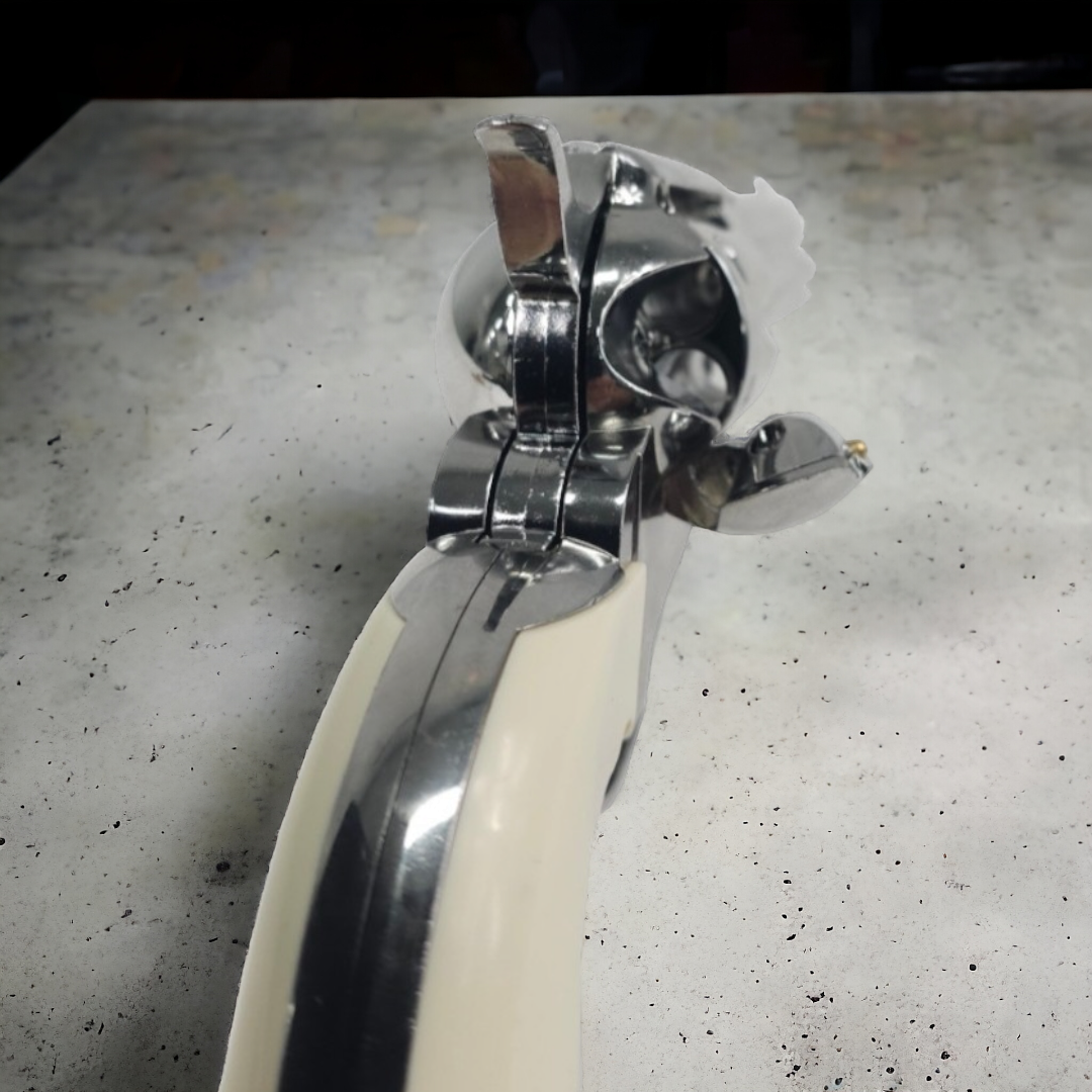 Close-up of KELe Colt 1873 Peacemaker revolver showcasing sleek silver design and handle detail.