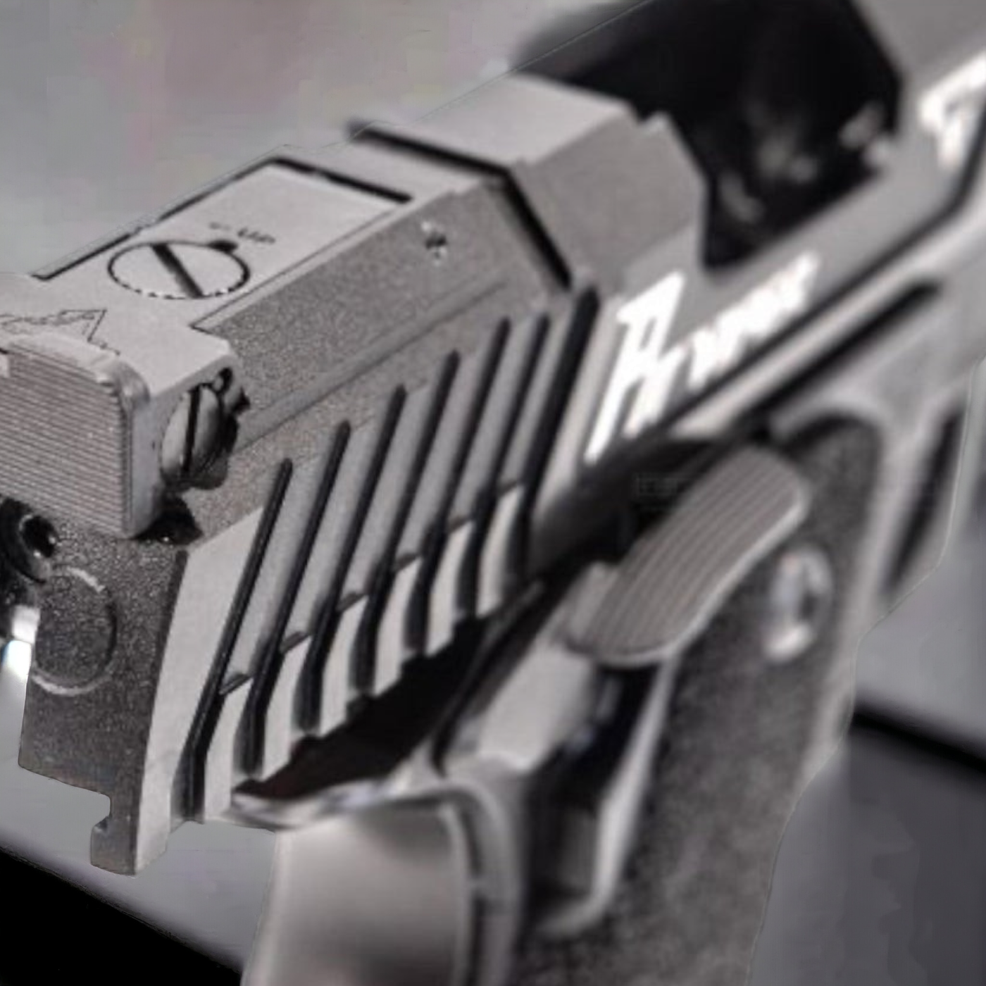 Close-up of Golden Eagle TTI Pit Viper Hi Capa pistol, showcasing the precision design and iron sights.