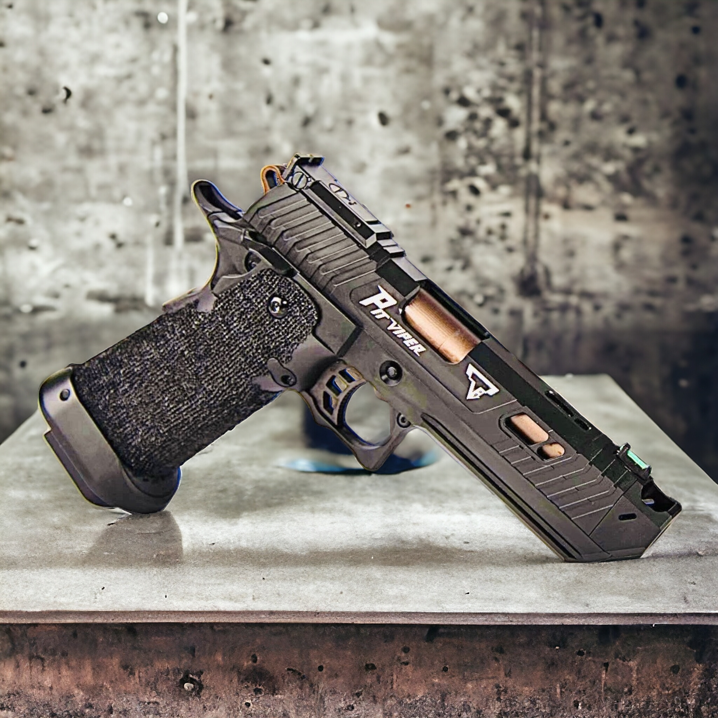 Golden Eagle TTI Pit Viper Gel Blaster Pistol in black and copper with a tactical design on a metallic surface.