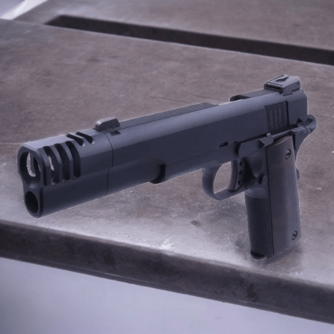 Armorer Works NE3102 1911 Gel Blaster Pistol in black on a surface, showcasing its sleek design and enhanced features.
