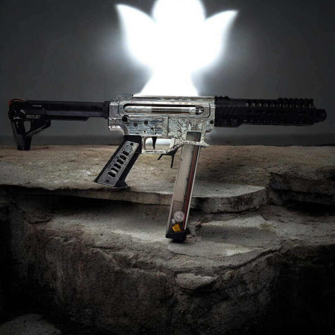 Armoury Upgraded Chimera DSG ARP9 Machine Pistol with custom laser engraving on a stone surface.