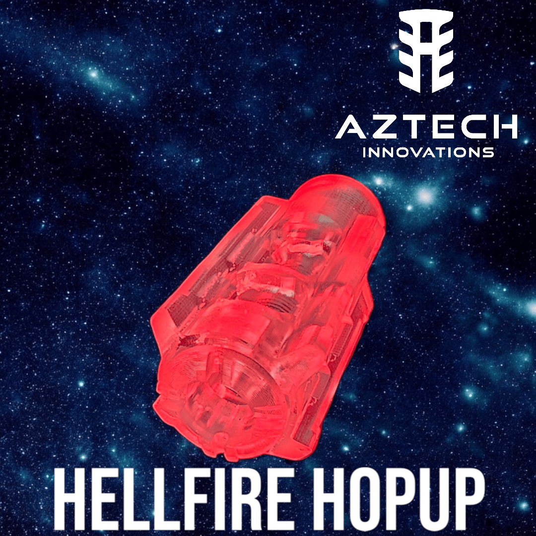 Aztech HellFire V2 polymer hop up showcasing vibrant red color and advanced design for enhanced blaster performance.