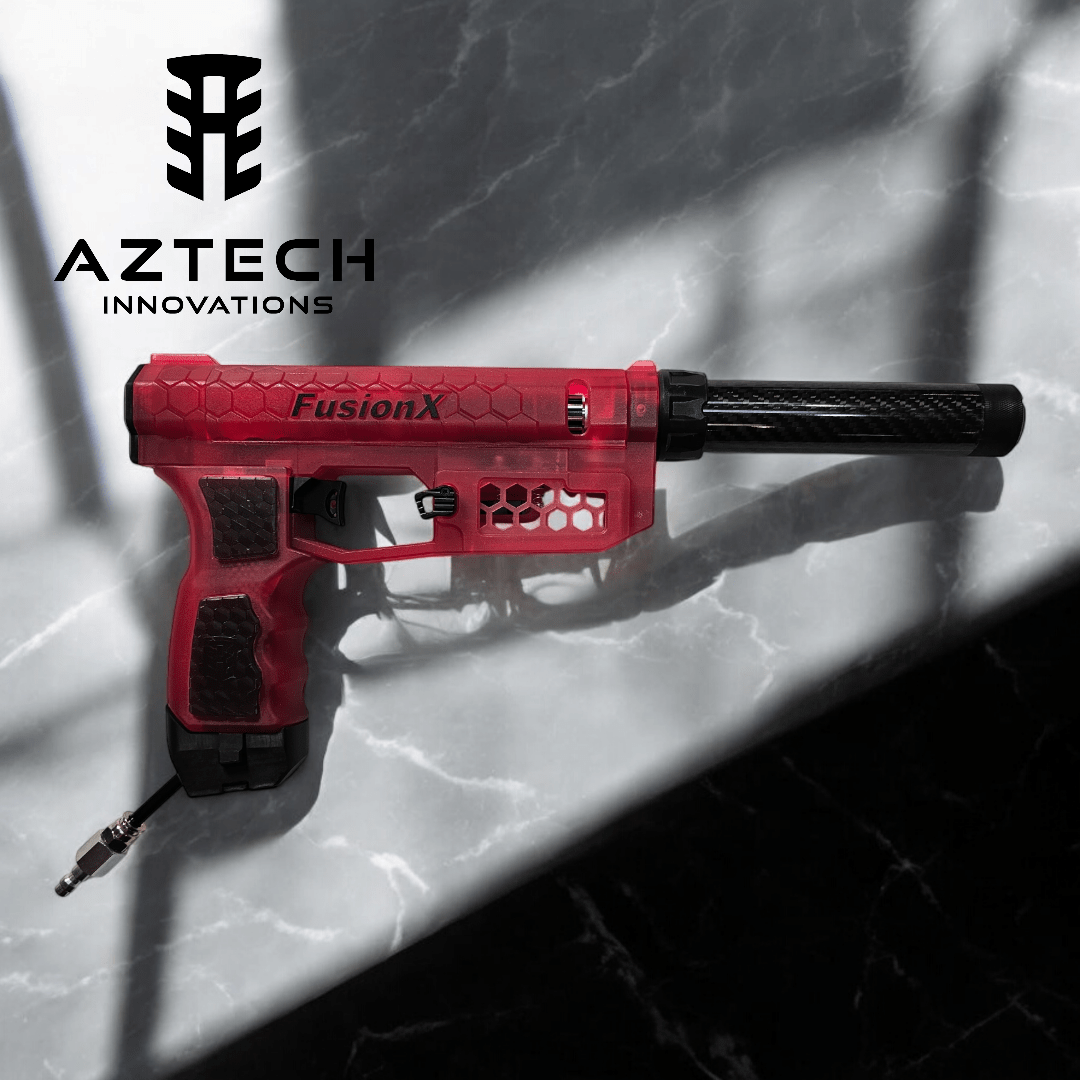 Aztech Innovations FusionX HPA receiver in red on marble background, featuring lightweight design and durable construction.