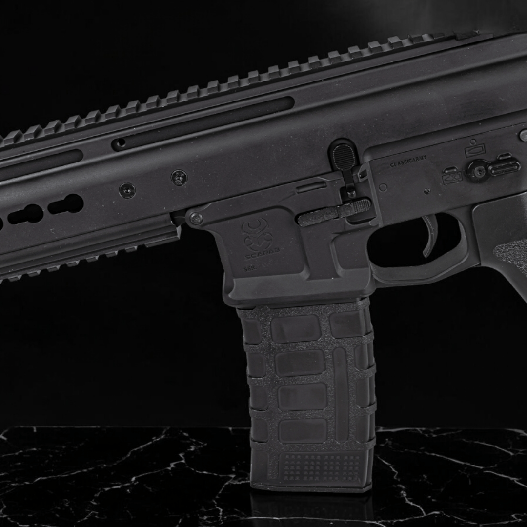 Classic Army SCARAB ABR AEG Gel Blaster side view showcasing its sleek design and tactical features.
