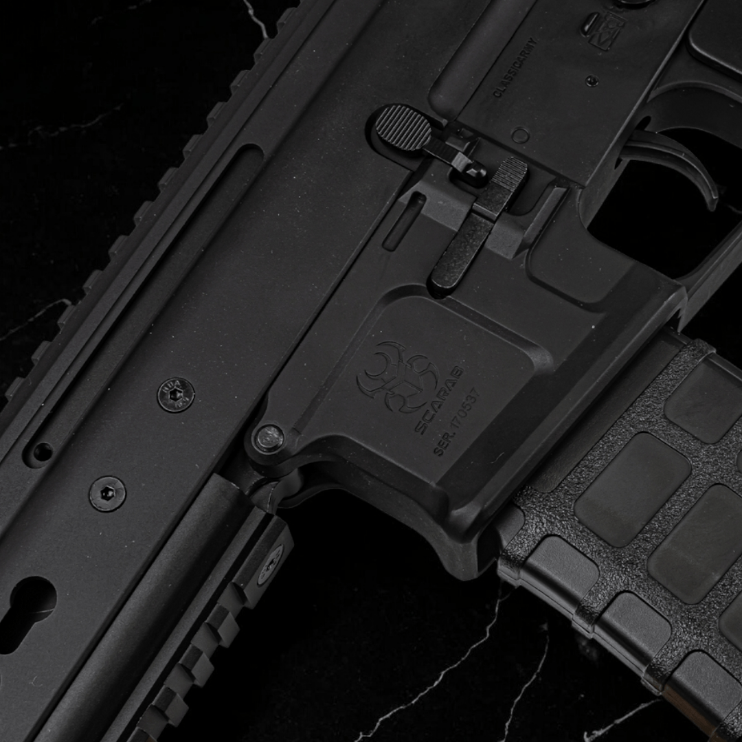 Close-up of Classic Army SCARAB SAR Metal AEG Gel Blaster showing detailed receiver and magazine.