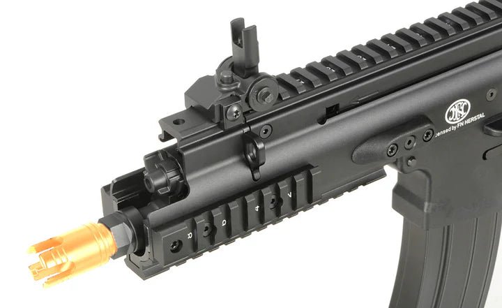 Close-up of Cybergun FN Herstal SCAR-SC AEG Gel Blaster showcasing its detailed design and compact features.