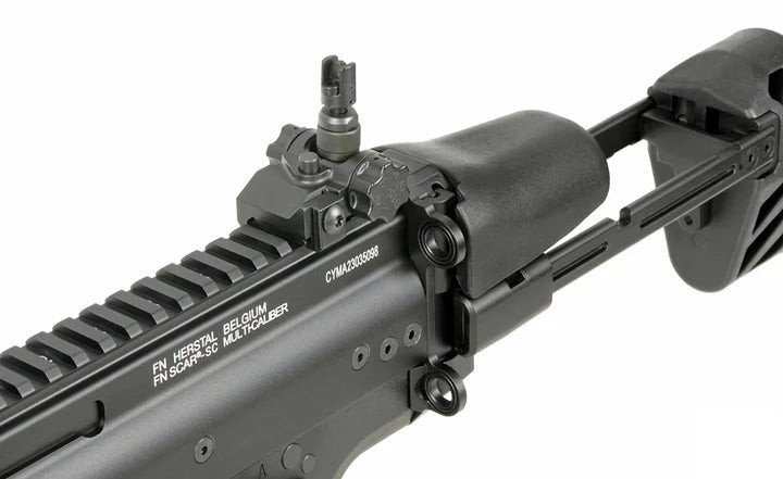 Detailed view of FN Herstal SCAR-SC Compact gel blaster showcasing rail system and stock design.