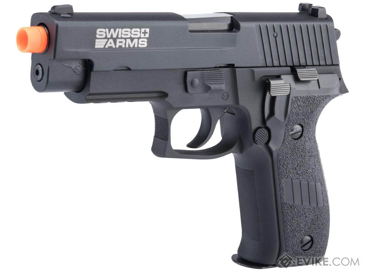 Cybergun Licensed Sig Sauer P226 Swiss Army Navy GBB Pistol Gel Blaster Replica with orange tip and textured grip.