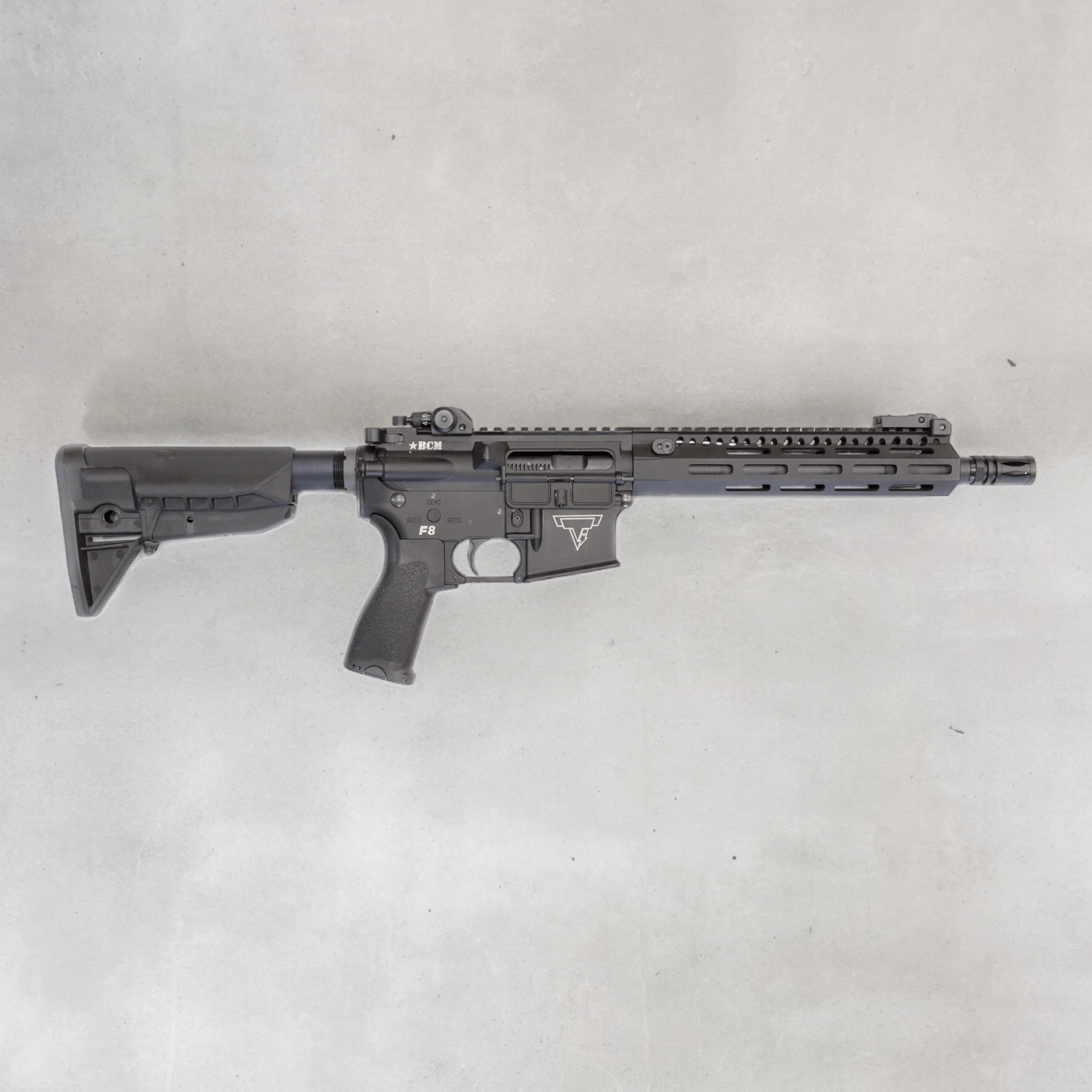 E&C BCM TTI F8 9 inch M-LOCK Gel Blaster in sleek black design, showcasing quality craftsmanship and tactical features.