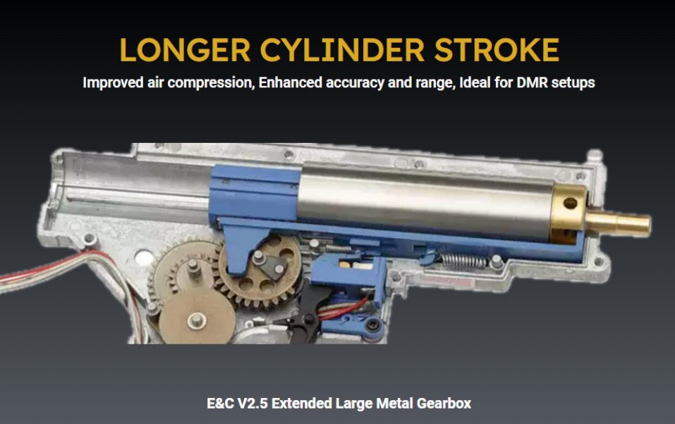 E&C V2.5 Extended Large Metal Gearbox for DMR setups with longer cylinder stroke for enhanced accuracy.