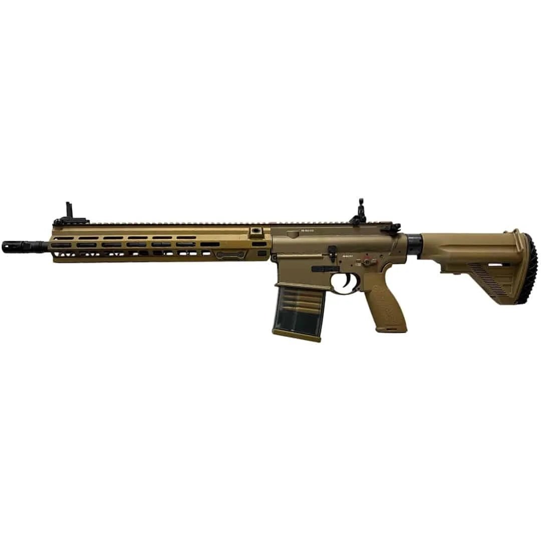 E&C HK M110A1 HK417 AEG Gel Blaster in tan color, showcasing sleek design and tactical features.