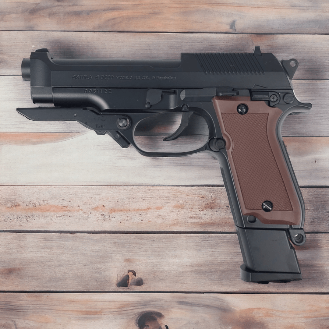 KELe Beretta 93R Manual Springer Gel Blaster Pistol in black with brown grip, designed for collectors and enthusiasts.