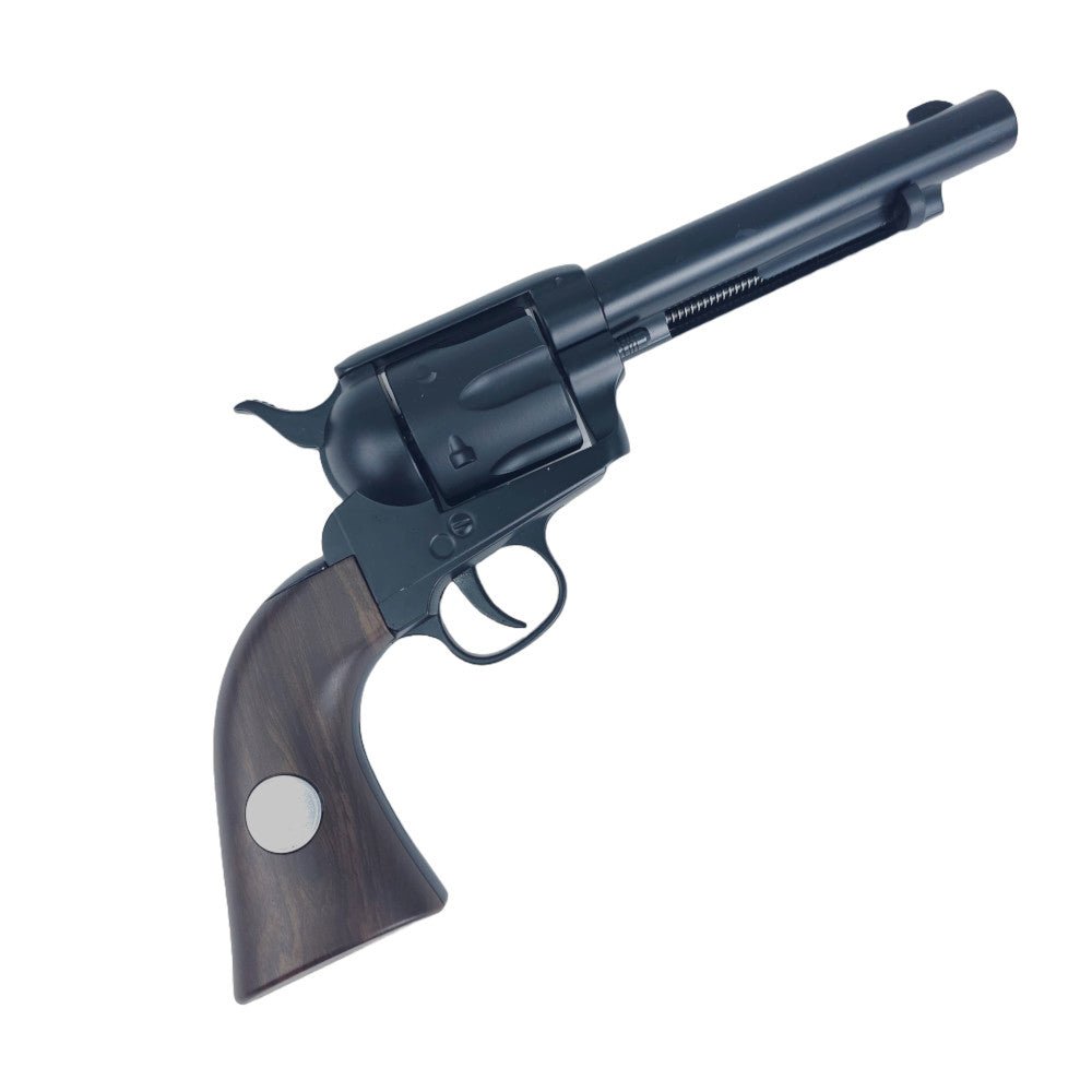 KELe Nylon Colt 1873 Peacemaker revolver in black with wooden grip, showcasing a classic single-action design.