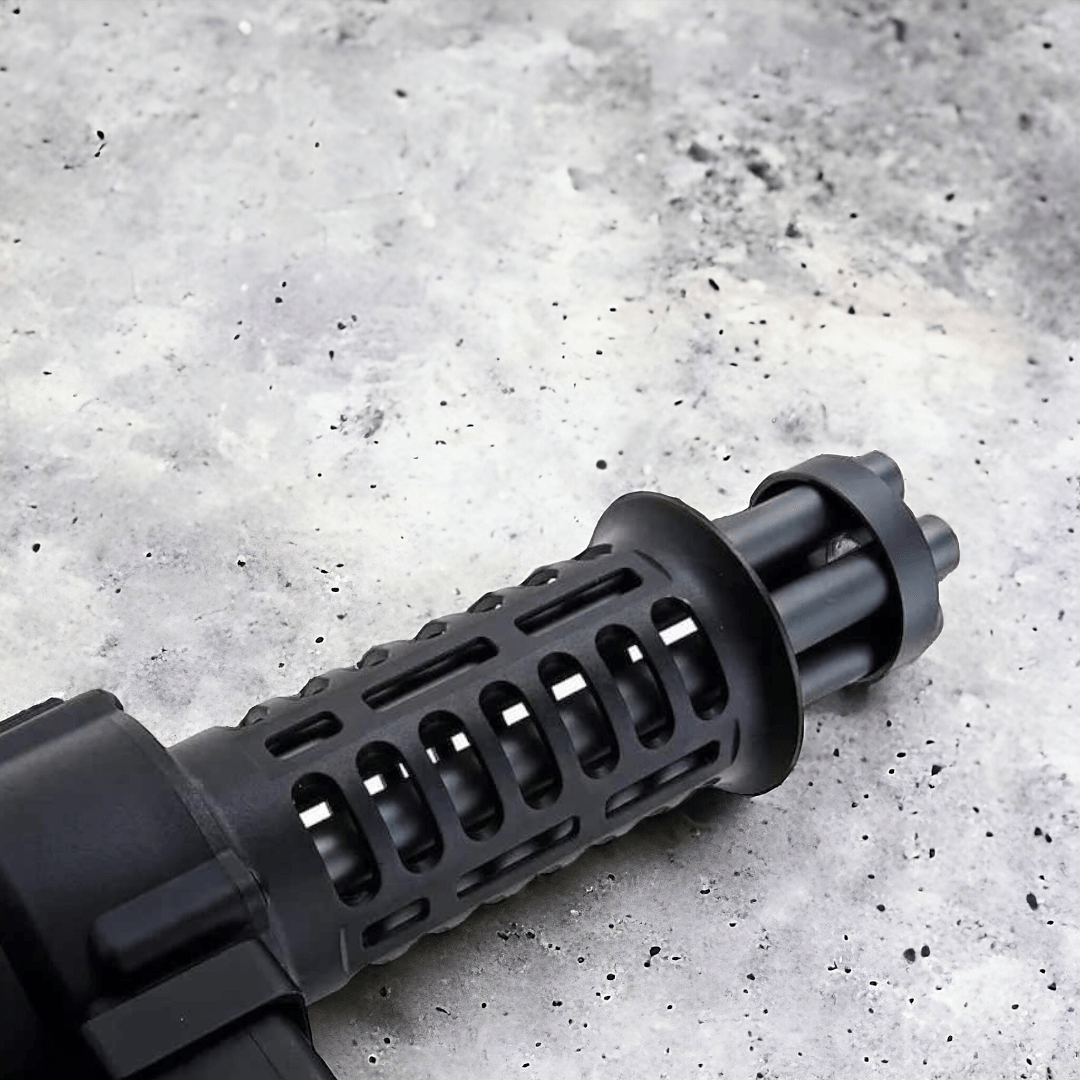 Close-up of M134 Mini Vulcan Gatling blaster barrel showcasing its detailed design and construction.