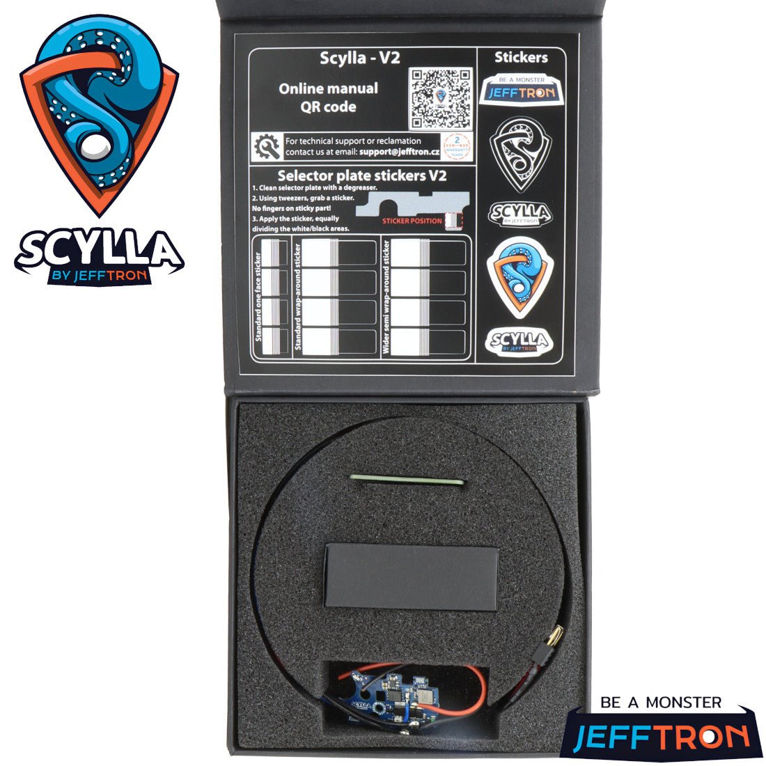 Scylla by Jefftron – V2 optical Mosfet Electronic Trigger Unit with stickers, online manual, and installation tools.