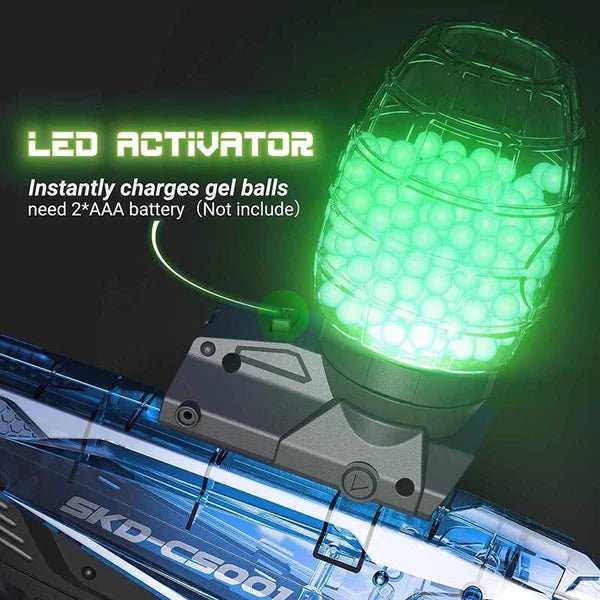 SKD CS-001S Tracer Gel Blaster with LED activator for instant gel ball charging, showcasing sleek design and vibrant green light.