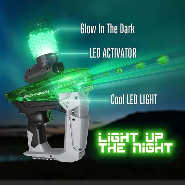 SKD CS-001S Tracer Gel Blaster with LED lights glowing in the dark, showcasing modern sci-fi design.