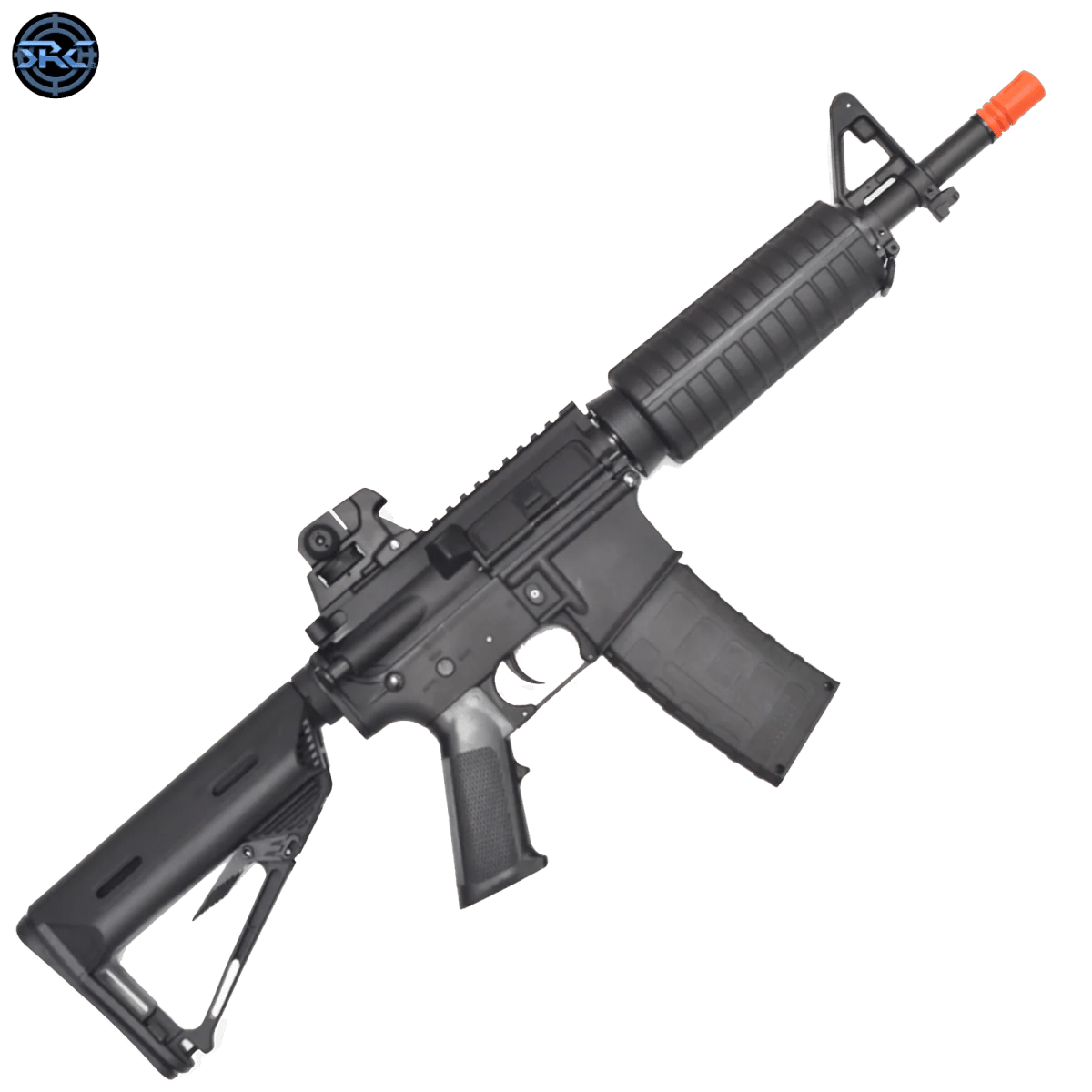 SRC SR4-PE Light Sport Series AEG Gelsoft Rifle in black with orange tip, showcasing its metal and polymer construction.