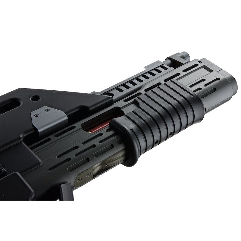 Close-up view of the SW Aliens M41A Pulse Rifle AEG Gel Blaster showcasing detailed barrel and grip design.