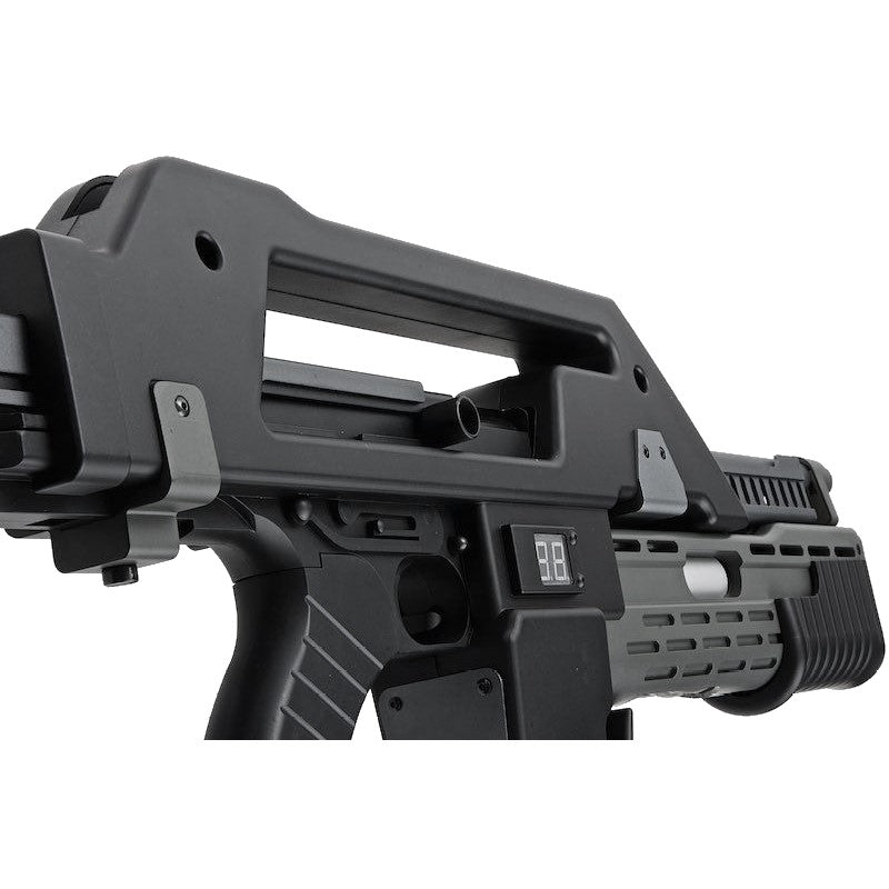 Close-up of the SW Aliens M41A Pulse Rifle AEG gel blaster, showcasing its sleek design with nylon polymer furniture.