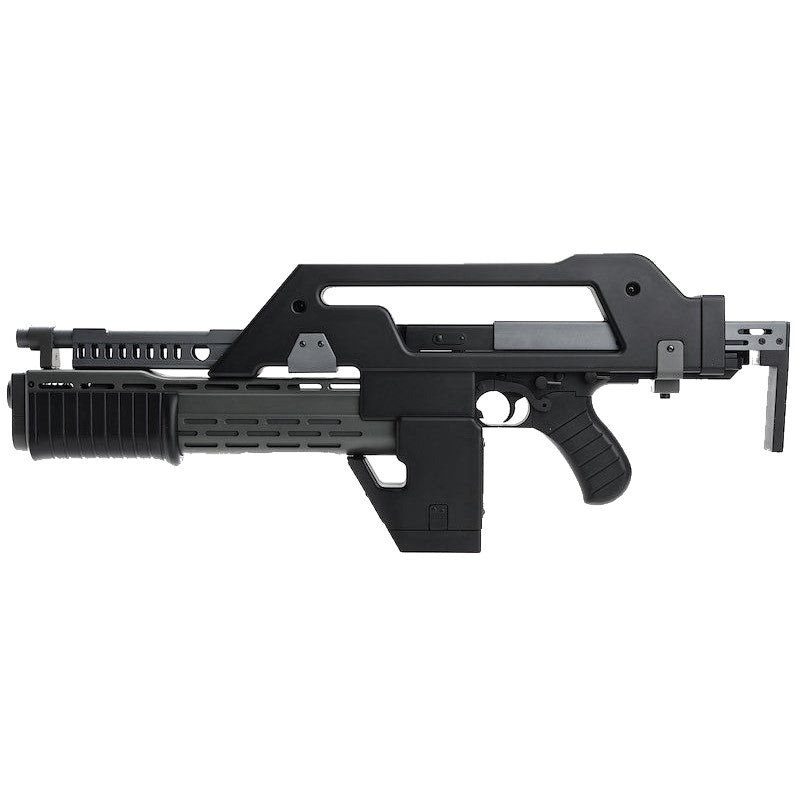 Black SW Aliens M41A Pulse Rifle AEG Gel Blaster replica with under-barrel launcher.
