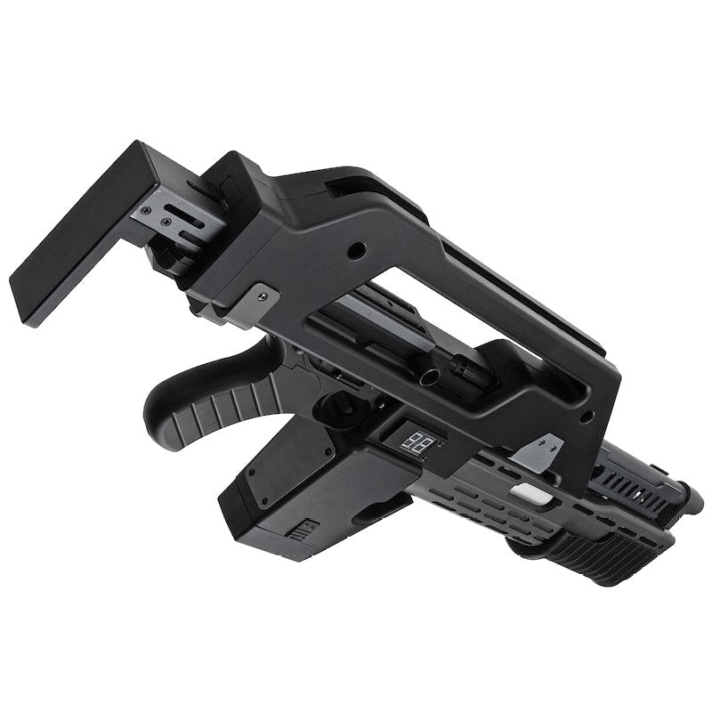 SW Aliens M41A Pulse Rifle AEG Gel Blaster in black, showcasing its detailed design and features for airsoft enthusiasts.