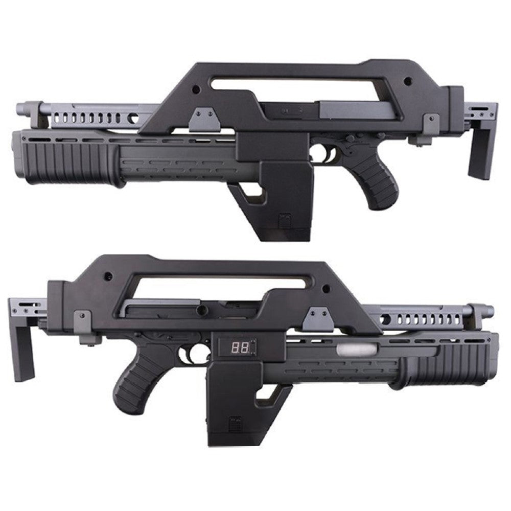 SW Aliens M41A Pulse Rifle replica AEG Gel Blaster in black with under-barrel launcher and digital display.