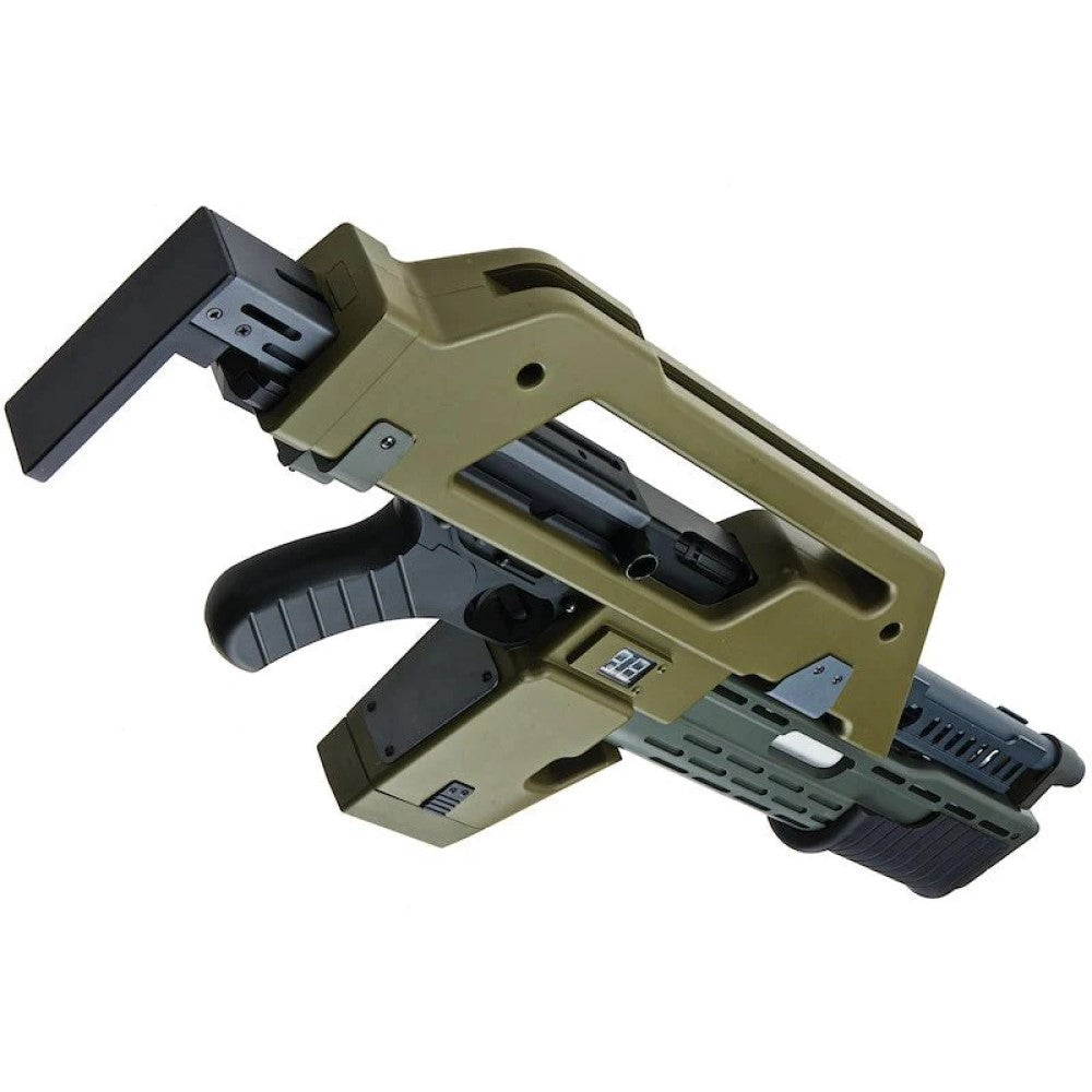 SW Aliens M41A Pulse Rifle AEG Gel Blaster in olive drab color with detailed design and features.