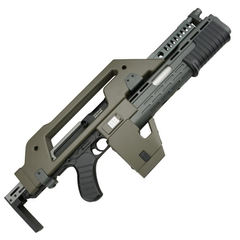 SW Aliens M41A Pulse Rifle AEG Gel Blaster in OD green, featuring detailed design and replica under-barrel launcher.