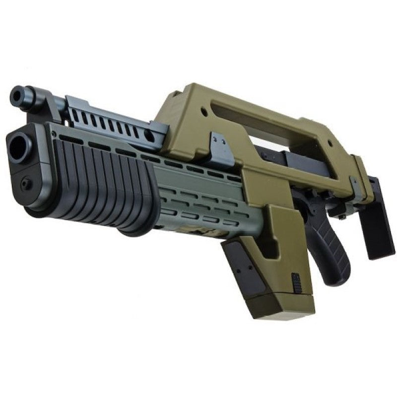 SW Aliens M41A Pulse Rifle AEG Gel Blaster in OD green color, featuring detailed replica design and under-barrel launcher.