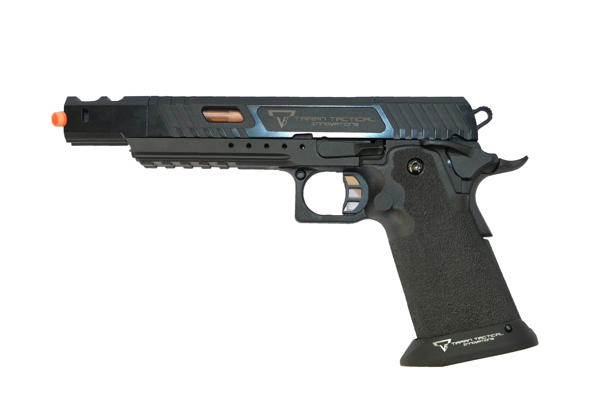 TTI EMG 2011 Combat Master Alpha GBB Gel Blaster Replica in full auto, featuring a CNC machined aluminum design and orange tip.