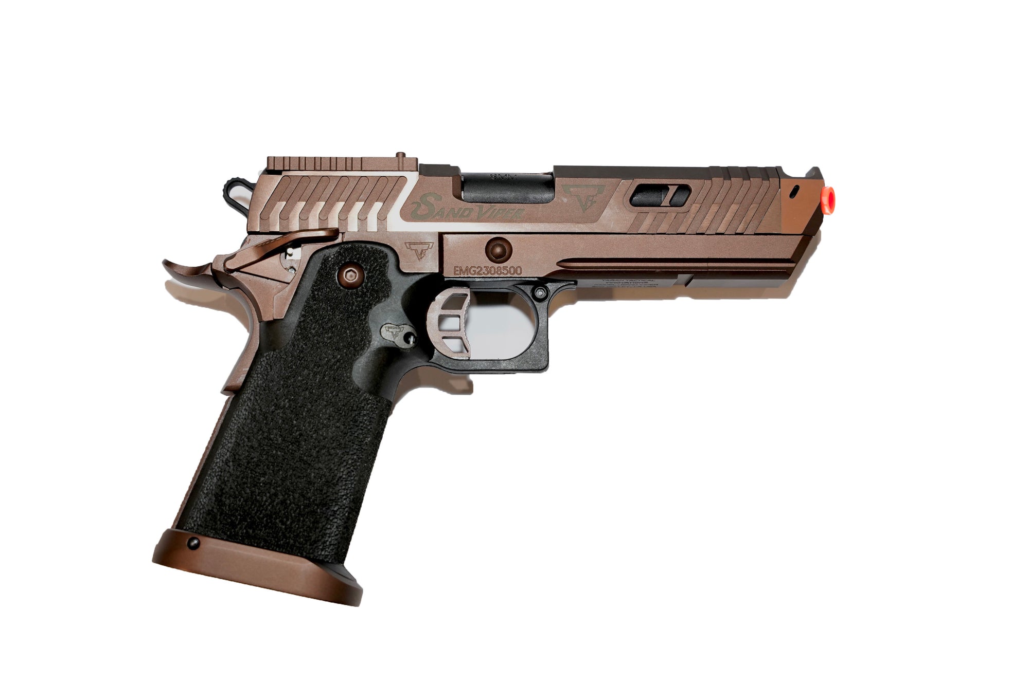 TTI EMG 2011 Sand Viper GBB Gel Blaster replica with a CNC aluminum slide and textured grip.