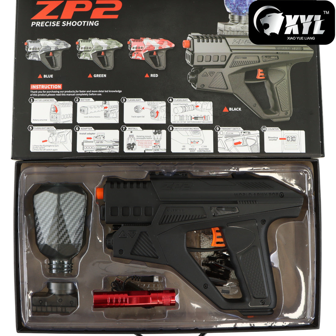 XYL ZP2 Black Hopper Fed Sci-Fi Gel Blaster Pistol