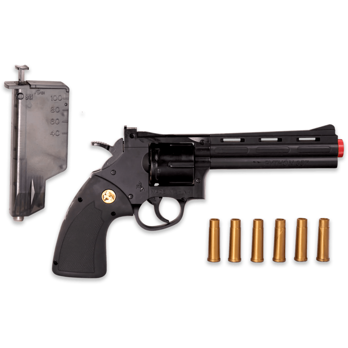 5-inch Python 357 Gelsoft Revolver with magazine and plastic shells, designed for fun Gel Blaster gameplay.