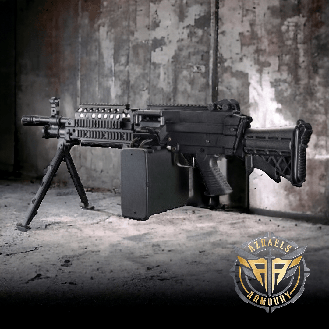 Full metal FN MK46 gel blaster AEG machine gun with bipod and tactical design displayed on a gritty background.