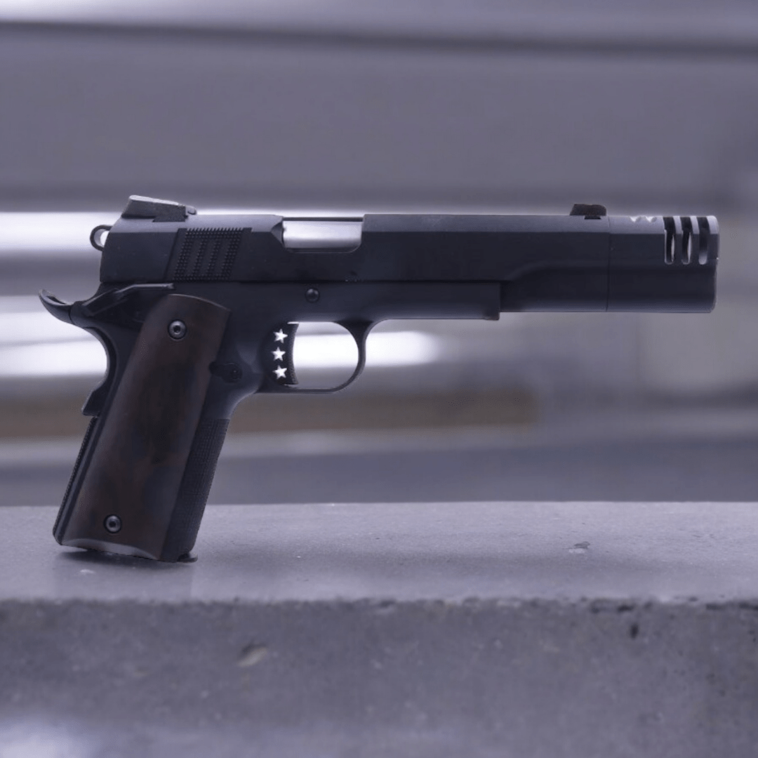 Armorer Works NE3102 1911 Gel Blaster Pistol in black with wood grip and enhanced features.