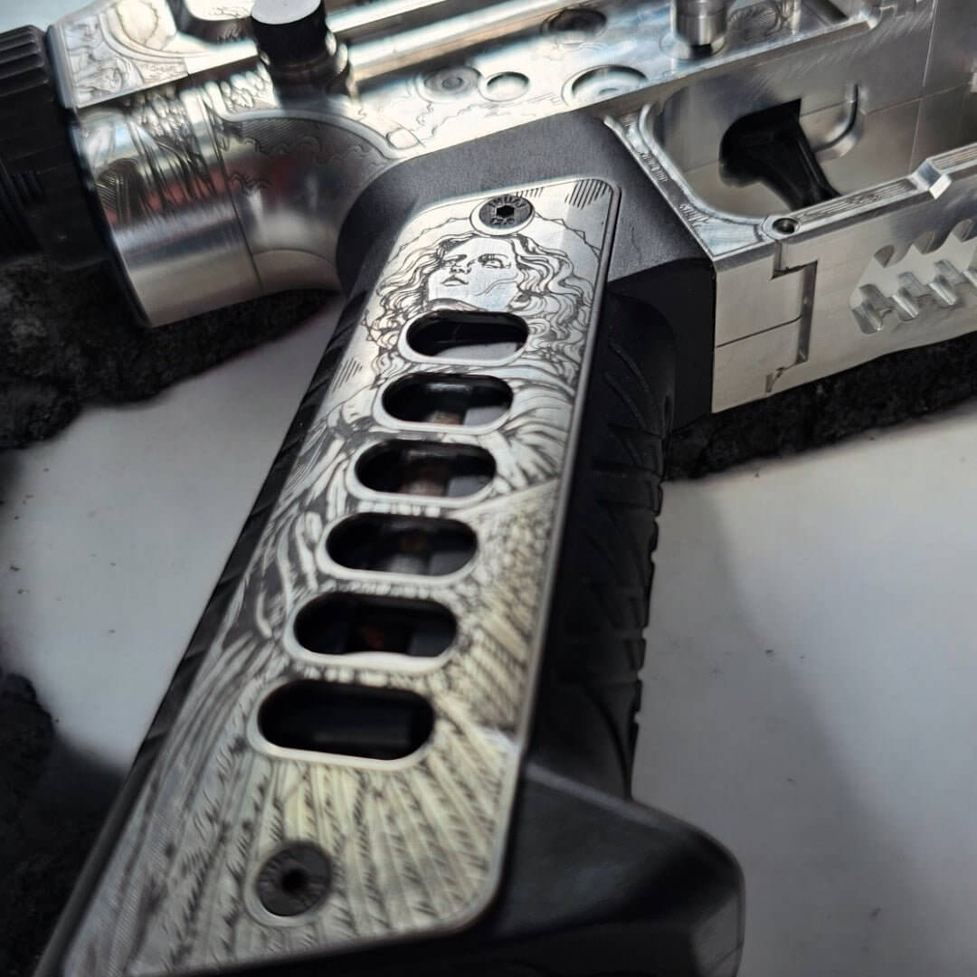 Close-up of Armoury Upgraded Chimera DSG ARP9 with unique Life design engraving on the grip and receiver.