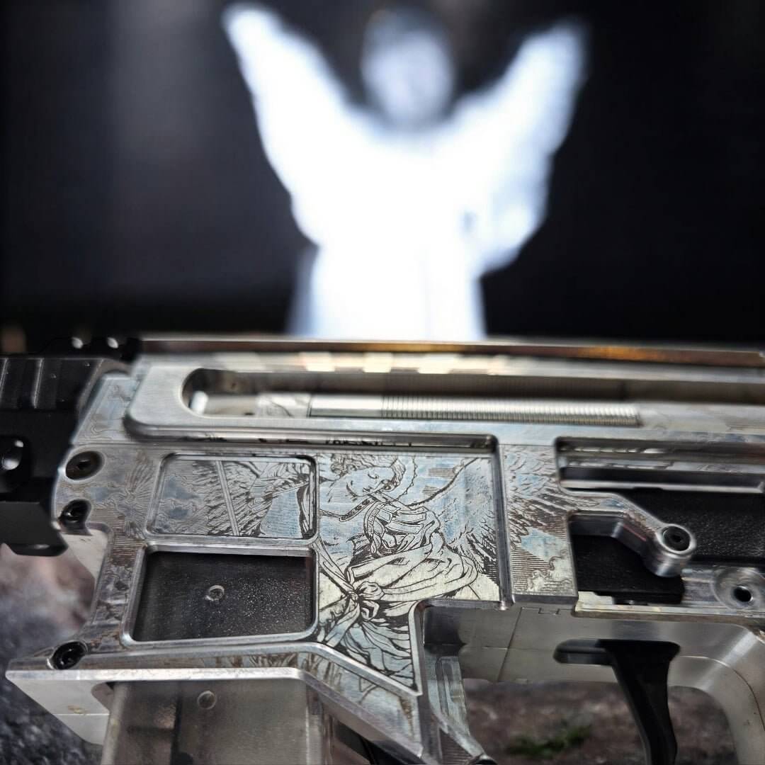 Custom Life design laser engraving on Armoury Chimera DSG ARP9 machine pistol receiver.