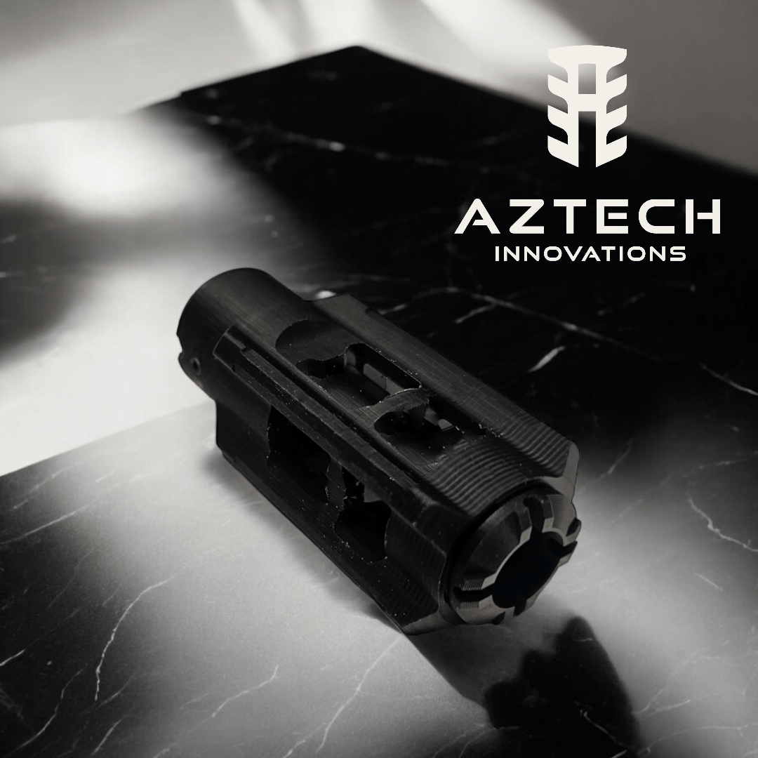 Aztech HellFire V2 polymer Hop Up on a black surface, showcasing advanced muzzle brake design for enhanced performance.