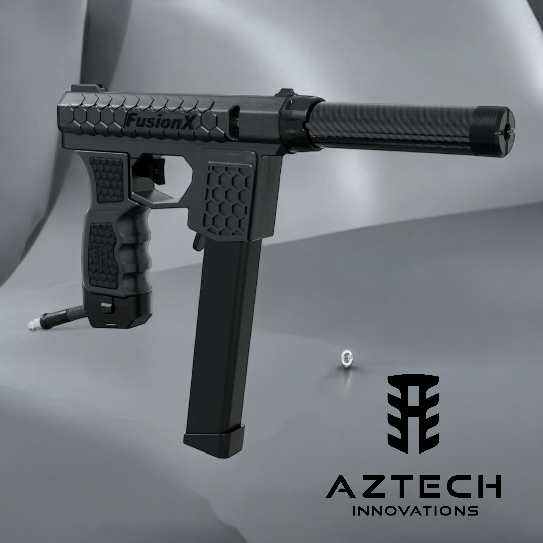 Aztech Innovations FusionX ARP9 HPA receiver with ergonomic grip and sleek design on grey background.