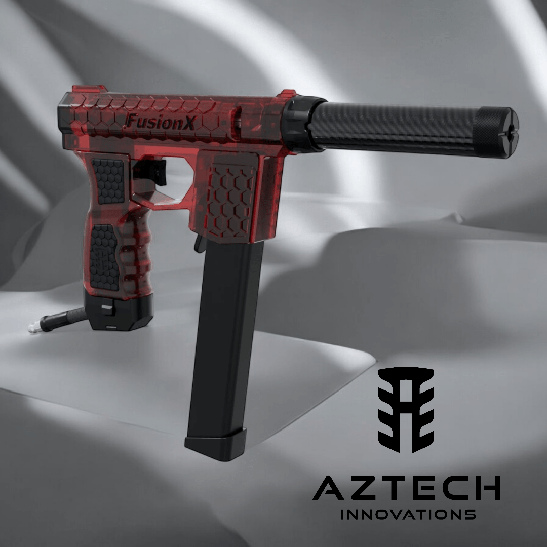 Aztech Innovations FusionX ARP9 HPA receiver in red with ergonomic grip and integrated silencer against a soft gray background.