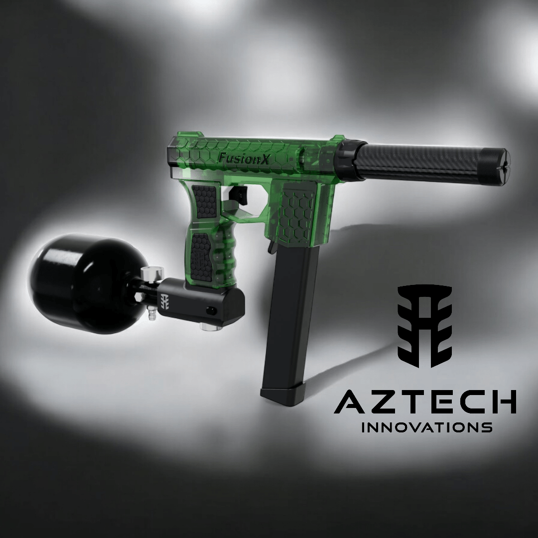 Aztech Innovations FusionX ARP9 HPA receiver in green with tank grip, showcasing sleek design and durability.