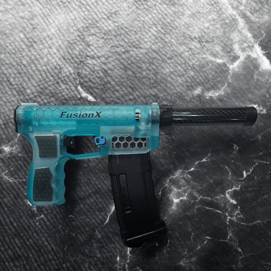 Aztech Innovations FusionX HPA Receiver in transparent blue with sleek design and carbon fiber detailing.