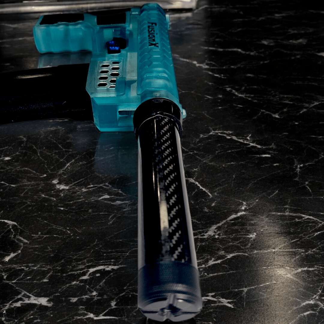 Aztech Innovations FusionX HPA Receiver with carbon fiber guard on marble surface.
