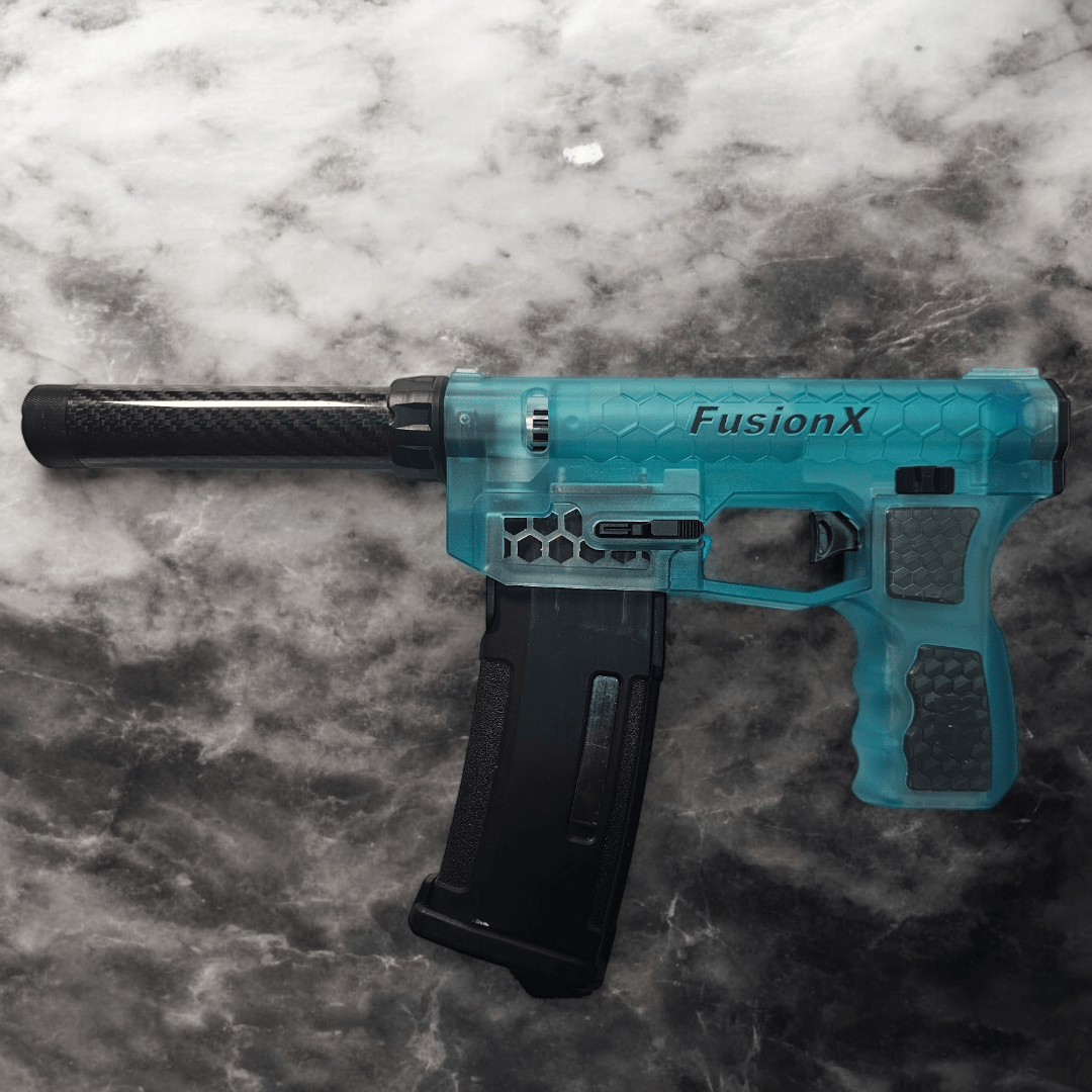 Aztech Innovations FusionX HPA Receiver in blue with carbon fiber guard on a marble surface.